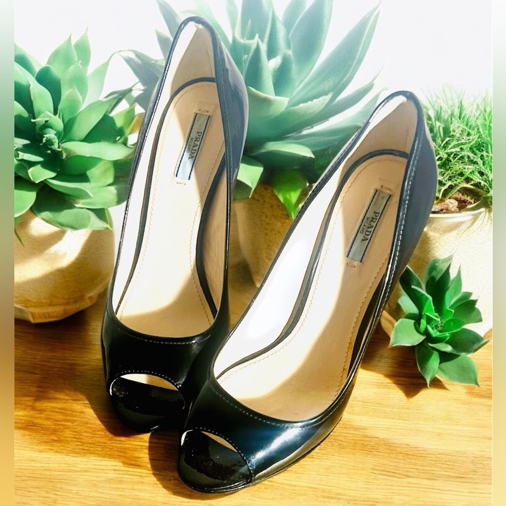 Prada 🖤 Black Peep-Toe wedgeHeels 7.5 - Picture 2 of 10